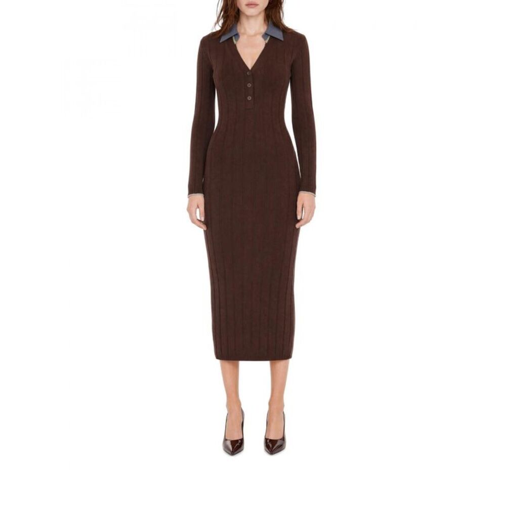 Patrizia Pepe Women Patrizia Pepe Ribbed Knit V-Neck Midi Sheath Dress